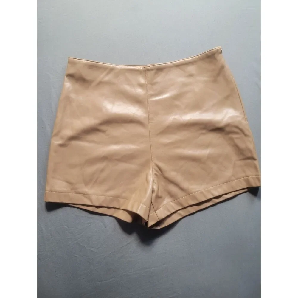 Sans Souci Faux Leather High Waist Shorts Medium Tan Beige Concealed Zip